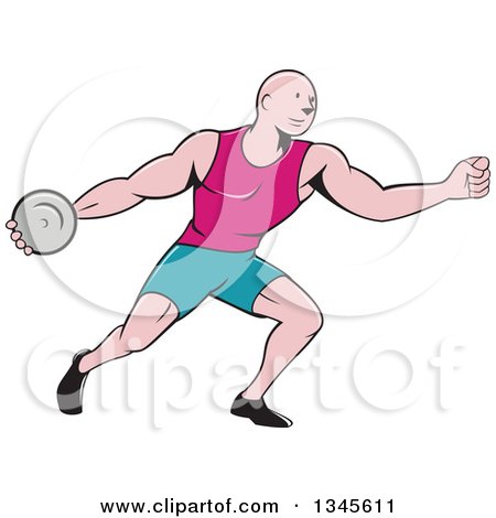 Clipart of a Retro Cartoon Bald Male Athlete Throwing a Discus - Royalty Free Vector Illustration by patrimonio