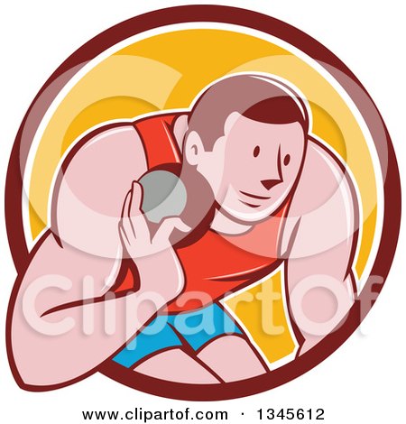 Clipart of a Retro Cartoon Male Athlete Throwing a Shotput in a Brown White and Yellow Circle - Royalty Free Vector Illustration by patrimonio