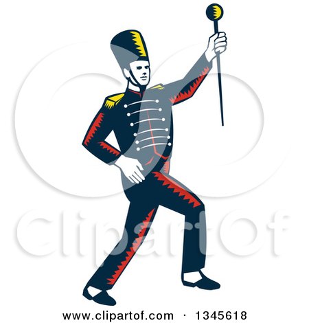 Clipart of a Retro Woodcut Marching Band Drum Major Holding up a Baton - Royalty Free Vector Illustration by patrimonio