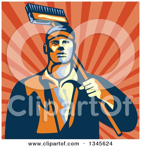 Clipart of a Retro Street Cleaner Man with a Broom over Rays - Royalty Free Vector Illustration by patrimonio