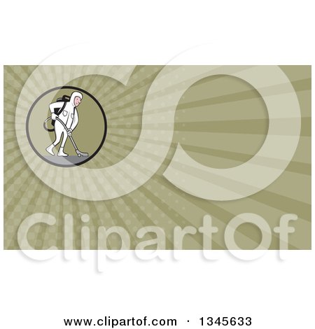 Clipart of a Cartoon White Male Industrial Janitor Wearing a Biohazard Suit and Vacuuming with a Back Pack and Green Rays Background or Business Card Design - Royalty Free Illustration by patrimonio
