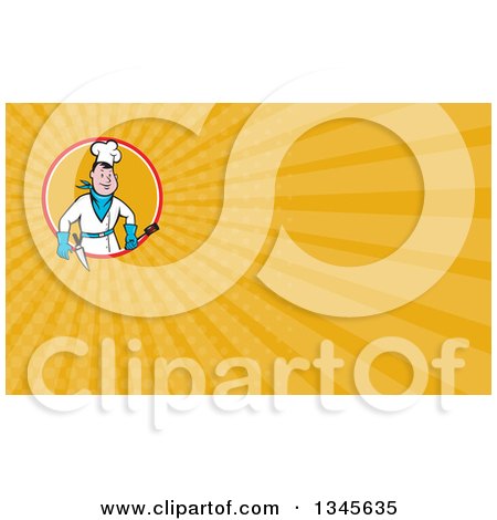 Clipart of a Cartoon Caucasian Male Bbq Chef Holding a Spatula and Orange Rays Background or Business Card Design - Royalty Free Illustration by patrimonio