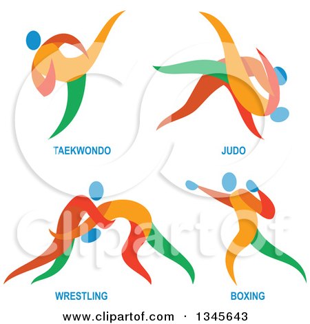 Clipart of Colorful Taekwondo, Judo, Wrestling and Boxing Athletes - Royalty Free Vector Illustration by patrimonio