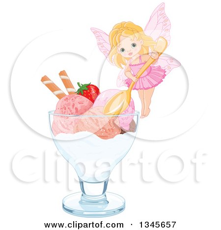 Clipart of a Cute Fairy Girl Holding a Spoon over a Bowl of Ice Cream with a Strawberry and Piroette Wafers in a Bowl - Royalty Free Vector Illustration by Pushkin