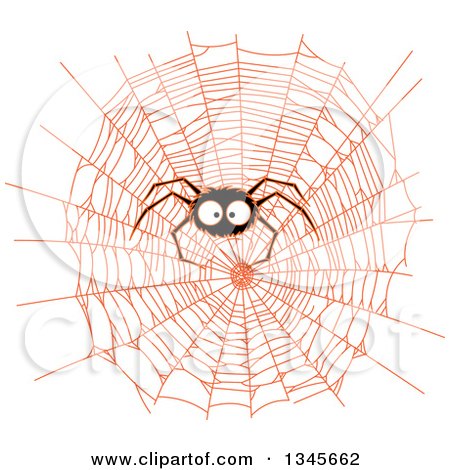 Clipart of a Black Spider on an Orange Web - Royalty Free Vector Illustration by Pushkin