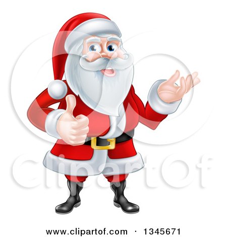 Clipart of a Cartoon Happy Christmas Santa Claus Giving a Thumb up and Presenting - Royalty Free Vector Illustration by AtStockIllustration