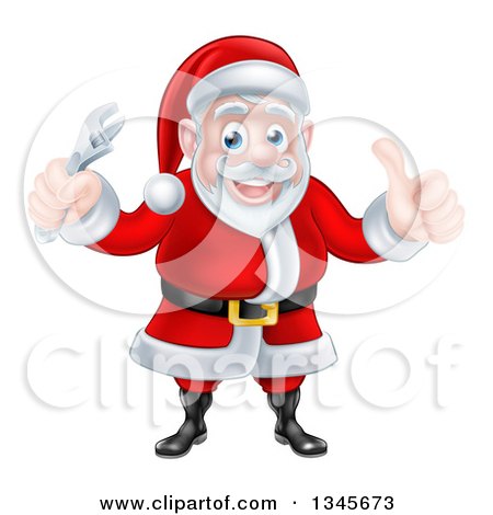 Clipart of a Happy Christmas Santa Claus Holding an Adjustable Wrench and Giving a Thumb up 2 - Royalty Free Vector Illustration by AtStockIllustration