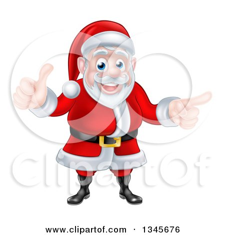 Clipart of a Cartoon Happy Christmas Santa Claus Giving a Thumb up and Pointing to the Right 2 - Royalty Free Vector Illustration by AtStockIllustration