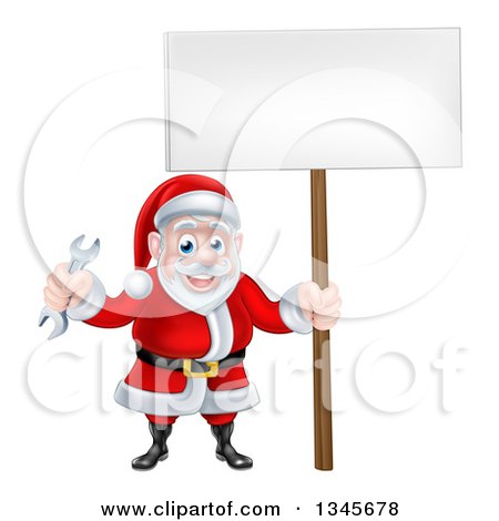 Clipart of a Happy Christmas Santa Holding a Spanner Wrench and Blank Sign 4 - Royalty Free Vector Illustration by AtStockIllustration