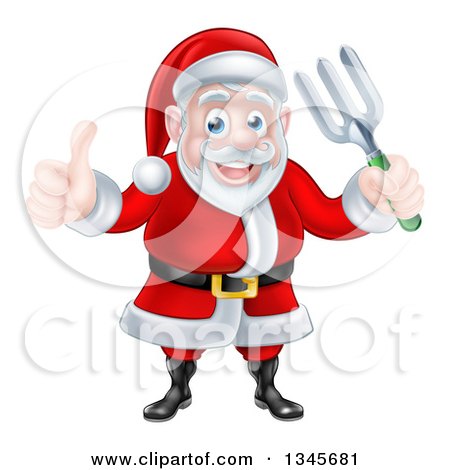 Clipart of a Cartoon Christmas Santa Holding a Garden Fork and Giving a Thumb up 2 - Royalty Free Vector Illustration by AtStockIllustration