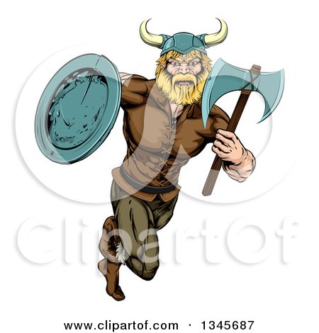 Clipart of a Cartoon Blond Muscular Viking Warrior Sprinting with an Axe and Shield - Royalty Free Vector Illustration by AtStockIllustration