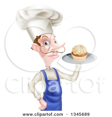 Clipart of a Snooty White Male Chef with a Curling Mustache, Holding a Cupcake on a Tray - Royalty Free Vector Illustration by AtStockIllustration