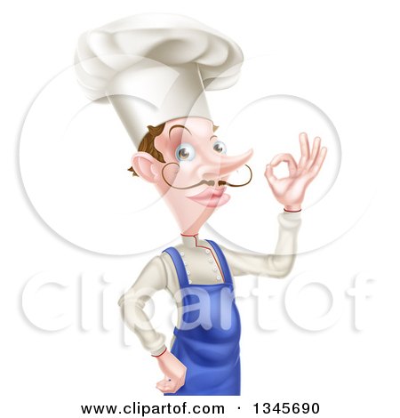 Clipart of a White Male Chef with a Curling Mustache, Gesturing Ok - Royalty Free Vector Illustration by AtStockIllustration