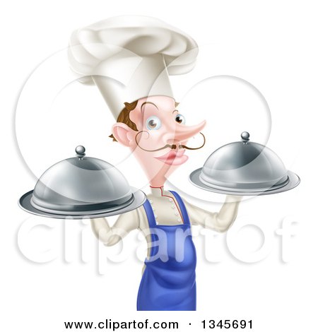 Clipart of a Snooty White Male Chef with a Curling Mustache Holding Two Silver Cloche Platters - Royalty Free Vector Illustration by AtStockIllustration