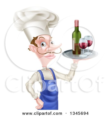 Clipart of a White Male Chef with a Curling Mustache, Holding a Tray with Red Wine - Royalty Free Vector Illustration by AtStockIllustration