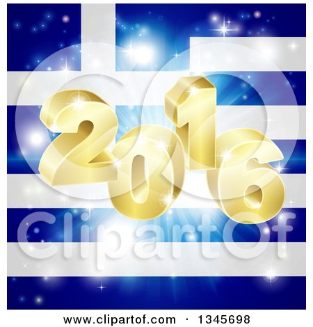 Clipart of a 3d 2016 and Fireworks over a Greek Flag - Royalty Free Vector Illustration by AtStockIllustration