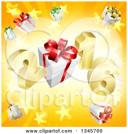 Clipart of a 3d Gold New Year 2016 with Gifts over a Starburst - Royalty Free Vector Illustration by AtStockIllustration
