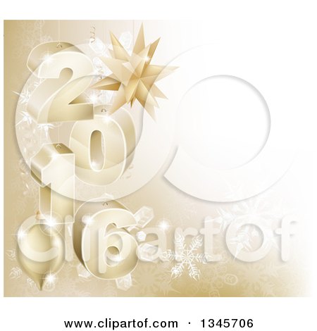 Clipart of a 3d Gold Snowflake Background with Year 2016 and Baubles - Royalty Free Vector Illustration by AtStockIllustration