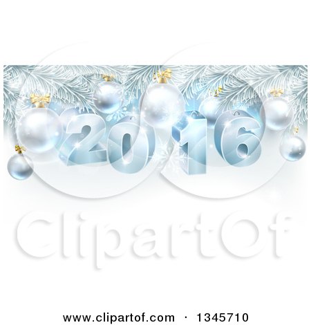 Clipart of 3d Blue New Year 2016 and Baubles Suspended from a Christmas Tree - Royalty Free Vector Illustration by AtStockIllustration