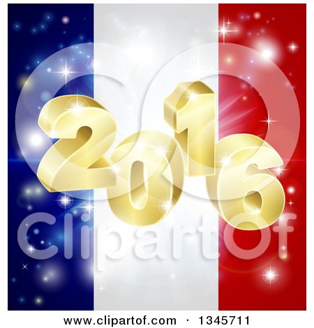 Clipart of a 3d 2016 and Fireworks over a French Flag - Royalty Free Vector Illustration by AtStockIllustration