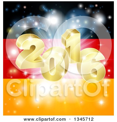 Clipart of a 3d 2016 and Fireworks over a German Flag - Royalty Free Vector Illustration by AtStockIllustration