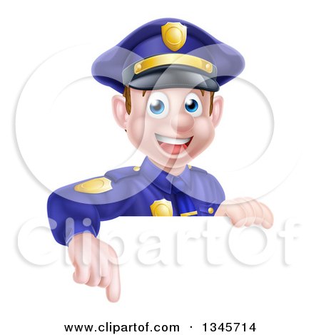 Clipart of a Cartoon Happy Caucasian Male Police Officer Pointing down over a Sign - Royalty Free Vector Illustration by AtStockIllustration