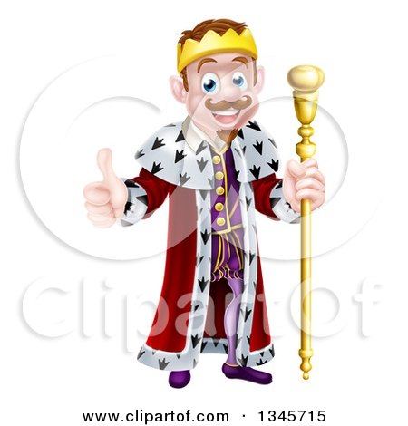 Clipart of a Happy Brunette White King Giving a Thumb up and Holding a Staff 3 - Royalty Free Vector Illustration by AtStockIllustration