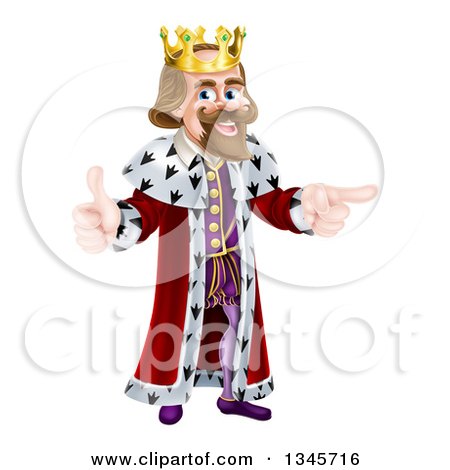 Clipart of a Happy Brunette Caucasian King Giving a Thumb up and Pointing to the Right 2 - Royalty Free Vector Illustration by AtStockIllustration