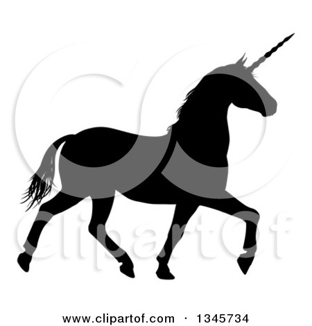 Clipart of a Black Silhouetted Unicorn Horse Trotting - Royalty Free Vector Illustration by AtStockIllustration