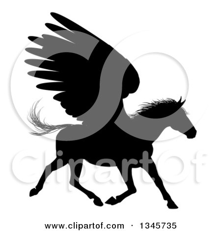 Clipart of a Black Silhouetted Winged Pegasus Horse Running - Royalty Free Vector Illustration by AtStockIllustration