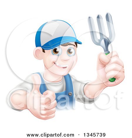 Clipart of a Happy Young Brunette White Male Gardener in Blue, Holding up a Garden Fork and Thumb - Royalty Free Vector Illustration by AtStockIllustration