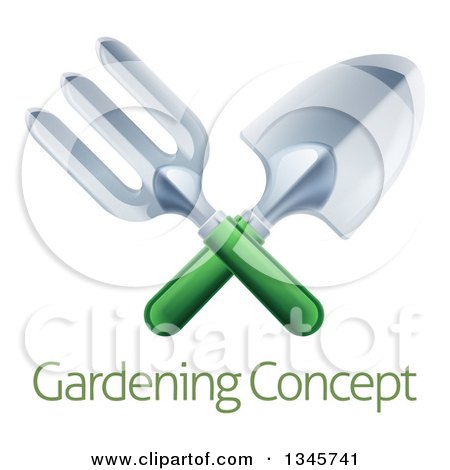 Clipart of a Crossed Green Handled Garden Fork and Trowel Spade over Sample Text - Royalty Free Vector Illustration by AtStockIllustration