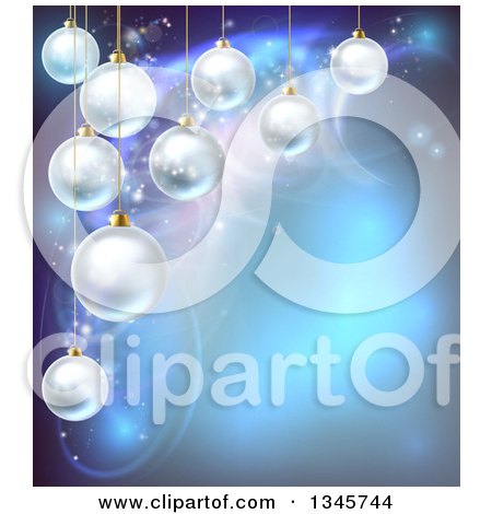 Clipart of a Christmas Background with 3d Suspended Bauble Ornaments over Blue Magic Lights - Royalty Free Vector Illustration by AtStockIllustration