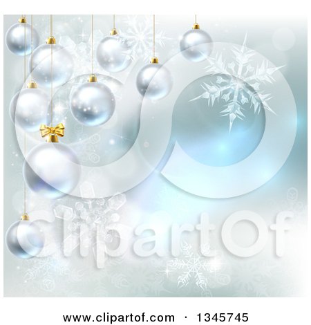 Clipart of a Christmas Background with 3d Suspended Bauble Ornaments over Magic Lights and Snowflakes - Royalty Free Vector Illustration by AtStockIllustration