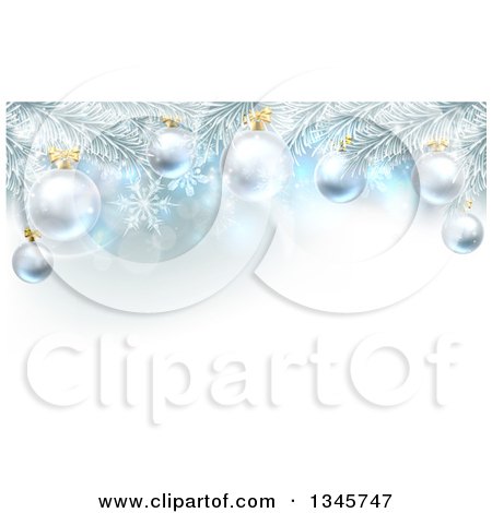Clipart of a Christmas Background with 3d Bauble Ornaments Suspended from a Tree over Lights and Snowflakes - Royalty Free Vector Illustration by AtStockIllustration