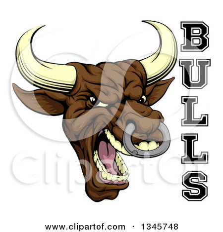 Clipart of a Mad Screaming Brown Bull Mascot Head and Text - Royalty Free Vector Illustration by AtStockIllustration