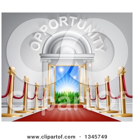 Clipart of a Red Carpet and Posts Leading to a Doorway with Grass and Sunshine and Opportunity Text - Royalty Free Vector Illustration by AtStockIllustration