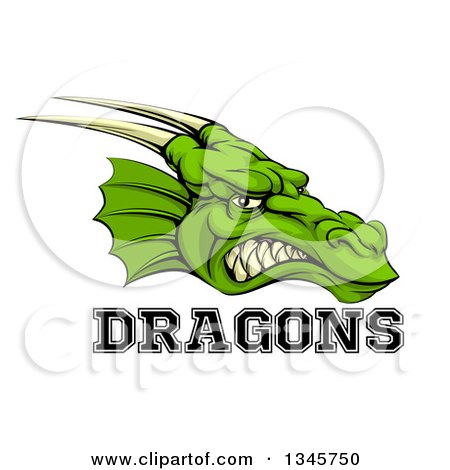 Clipart of a Snarling Green Horned Dragon Mascot Face with Text - Royalty Free Vector Illustration by AtStockIllustration