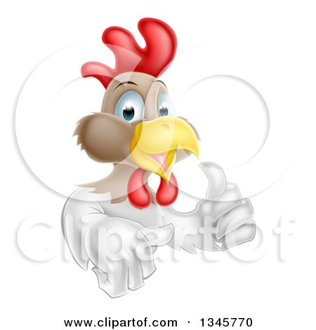 Clipart of a Happy White and Brown Chicken or Rooster Giving a Thumb up - Royalty Free Vector Illustration by AtStockIllustration