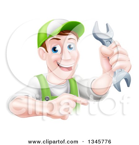 Clipart of a Happy Middle Aged Brunette Caucasian Mechanic Man in Green, Wearing a Baseball Cap, Holding a Wrench and Pointing - Royalty Free Vector Illustration by AtStockIllustration