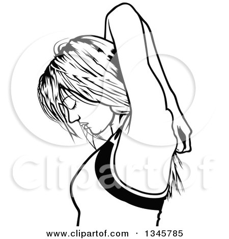 Clipart of a Black and White Young Woman Facing Left and Stretching Her Neck and Arms - Royalty Free Vector Illustration by dero