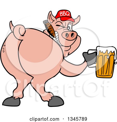 Clipart of a Cartoon Rear View of a Grinning Pig Looking Back, Smoking a Cigar, Wearing a Bbq Hat, Holding a Beer - Royalty Free Vector Illustration by LaffToon