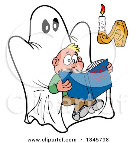 Clipart of a Cartoon Scared White Boy Reading a Book of Spooky Tales on a Ghost Chair, with Candle Light - Royalty Free Vector Illustration by LaffToon