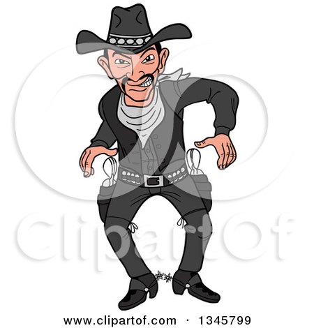 Clipart of a Cartoon Angry Cowboy Dressed in Black Ready to Draw His Guns for a Fight - Royalty Free Vector Illustration by LaffToon