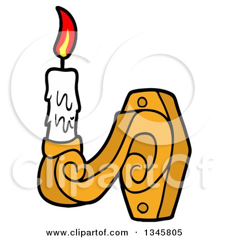 Clipart of a Cartoon Lit Candle Stick on a Wall Holder - Royalty Free Vector Illustration by LaffToon