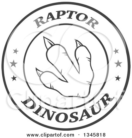 Clipart of a Black and White Lineart Raptor Dinosaur Foot Print in a Circle with Text and Stars - Royalty Free Vector Illustration by Hit Toon