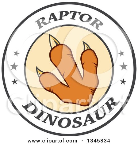 Clipart of an Orange Raptor Dinosaur Foot Print in a Circle with Stars and Text - Royalty Free Vector Illustration by Hit Toon