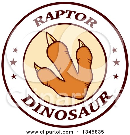 Clipart of an Orange Raptor Dinosaur Foot Print in a Circle Label with Stars and Text - Royalty Free Vector Illustration by Hit Toon