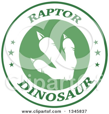 Clipart of a White Raptor Dinosaur Foot Print in a Green and White Label with Stars and Text - Royalty Free Vector Illustration by Hit Toon