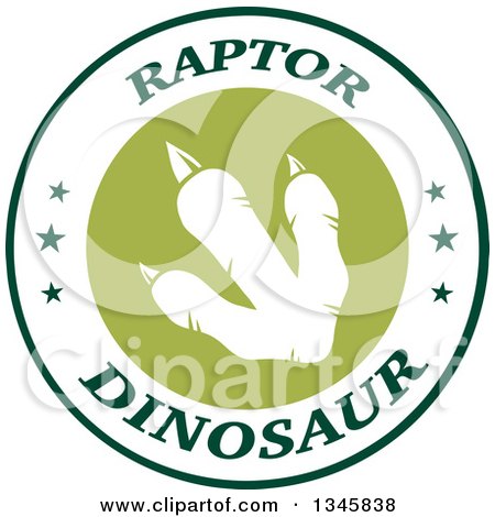 Clipart of a White Raptor Dinosaur Foot Print in a Green and White Label with Stars and Text 2 - Royalty Free Vector Illustration by Hit Toon